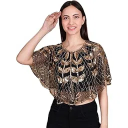 aqsa collection Womens Black Sequin Crop Top | Sheer Mesh Embroidered Blouse with Cape Sleeves | Stylish Evening & Clubwear Short Top for Girls-picture-35