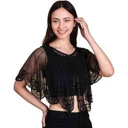 Women's Embroidered Net Poncho Cape Top | Stylish Shrug & Casual Outfits Wedding Transparent Cape for Saree, Gown, Tops Shrug Top for Women (Black-Medium)-image-12