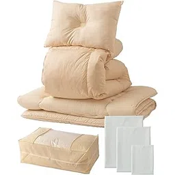 AQUA 608603Y1 Nice Day Comforter Set, 9 Piece Set, Double (Comforter), Ivory (Cover), Light Gray (Comforter/Futon), 3-Layer Solid Cotton, Pillow, Storage Bag, Each Cover]-image-2