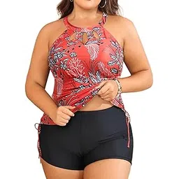 Women Plus Size Two Piece Swimsuit High Neck Tankini Tummy Control Bathing Suit with Shorts, Red Floral, 18 Plus-image-43