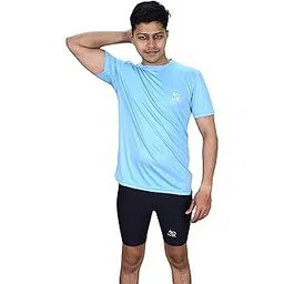 aqua holic Spandex Men's Regular Fit Tights with Half Sleeves Tshirt | Adjustable, Quick Drying Set for Swimming, WaterParks, Surfing & Other Sports - Light Blue & Black-picture-14