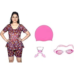 aqua holic Women's Swimming Half Sleeves Frock with Swimming 1 Anti Fog Swimming Goggles+ 1 Silicone Swimming Cap+ 1 Nose Clip+ 2 Ear Plugs-picture-24