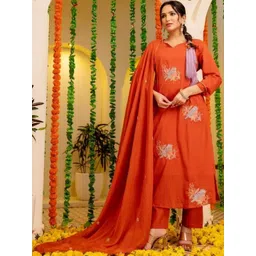 Araaha Women Ethnic Motifs Embroidered Regular Thread Work Pure Cotton Kurta with Trousers & With Dupatta-picture-28
