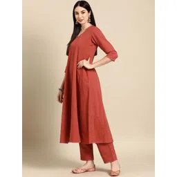ARADHNA V-Neck Three-Quarter Sleeves A-Line Kurta With Trousers & Dupatta image 5