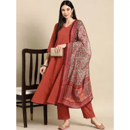ARADHNA V-Neck Three-Quarter Sleeves A-Line Kurta With Trousers & Dupatta image 2