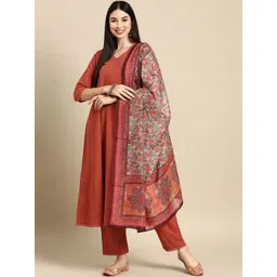 ARADHNA V-Neck Three-Quarter Sleeves A-Line Kurta With Trousers & Dupatta image 1