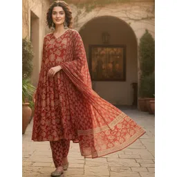 ARADHNA Women Floral Printed Tiered Kurta with Trousers & With Dupatta-picture-35