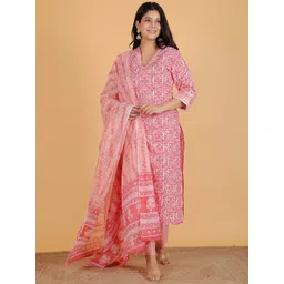 Aramya Paisley Printed V-Neck Regular Pure Cotton Kurta With Trouser With Dupatta-picture-32