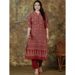 Aramya Women Ethnic Motifs Printed Regular Pure Cotton Kurta with Trousers-picture-23