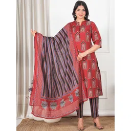 Aramya Women Ethnic Motifs Printed Regular Pure Cotton Kurta with Trousers & With Dupatta-picture-25