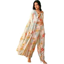 arangya Silk Stylish Crop Top & Flowy Pant with Fancy Shrug for Women l Printed 3 Piece Ethnic Co Ord Set-picture-3