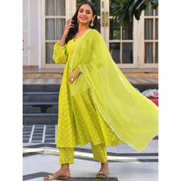 arangya Women Ethnic Motifs Printed Angrakha Thread Work Kurta with Trousers & With Dupatta-picture-6