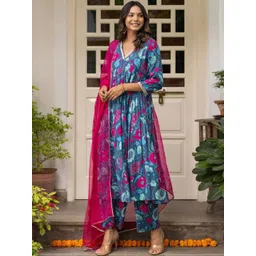 arangya Women Floral Printed Panelled Thread Work Kurta with Trousers & With Dupatta-picture-36
