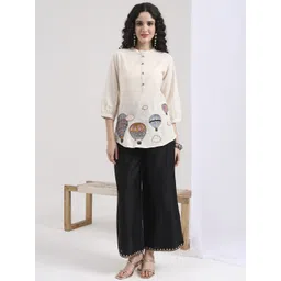 ARAVALII Women Graphic Printed Embroidered Mandarin Collar Cotton Shirt Style Top-picture-12