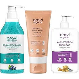 Aravi Organic Daily Care Combo – 2% Salicylic Exfoliating Body Wash with Niacinamide & Blueberry, Barrier Repair Cleanser for Gentle Face Care & Multi-Peptides Shampoo for Hair Strength & Volume (600ml) (Pack of 3)-picture-23