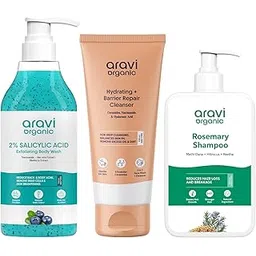 Aravi Organic Daily Care Combo – 2% Salicylic Exfoliating Body Wash with Niacinamide & Blueberry , Barrier Repair Cleanser for Gentle Face Cleansing & Rosemary Shampoo for Scalp Detox & Hair Strength (600ml) (Pack of 3)-picture-20
