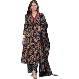 arayna Women's Pure Cotton Block Printed Kurta Set with Palazzo Pants & Dupatta - Ethnic Wear-picture-14