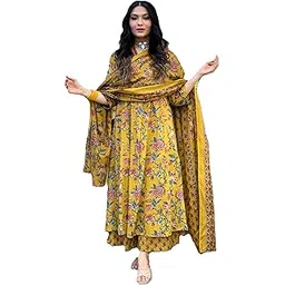 arayna Women's Pure Cotton Block Printed Kurta Set with Palazzo Pants & Dupatta - Ethnic Wear, Yellow-picture-37