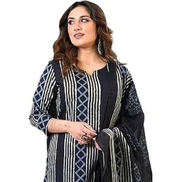 arayna Women's Pure Cotton Hand Block Printed Style Ethnic Kurta Set with Dupatta | Black & Indigo-picture-15