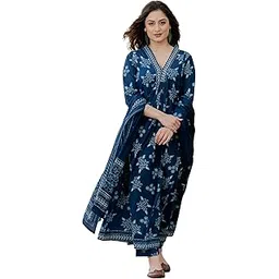 arayna Women’s Pure Cotton Handblock Ethnic Printed Kurta Set with Pants & Dupatta-picture-36