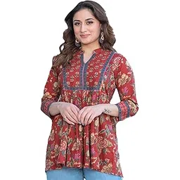 Women's Pure Cotton Relaxed Fit Floral Printed Peplum Top with Mandarin Collar & 3/4 Sleeves-image-8