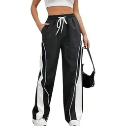 areal fashion Women's Athletic Track Pants, Black with White Piping, Wide-Leg, Drawstring Waist, Casual Sporty Style-picture-26