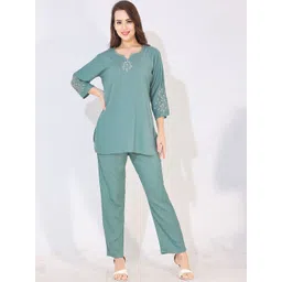 Arela Floral Embroidered Notched Round Neck Linen Tunic With Trousers-picture-14