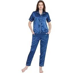 arendelle Women's Satin Solid Night Suit Shirt & Pyjama Set-picture-36