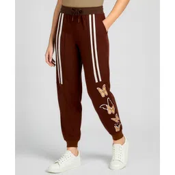 arias by lara dutta Arias 100% Cotton Knit Full Length Joggers With Glitter Butterfly Print & Cut & Sew Detailing - Brown-picture-33