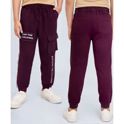arias by lara dutta Arias 100% Cotton Knit Full Length Lounge Pant With Cargo Pocket & Text Print - Wine-picture-40
