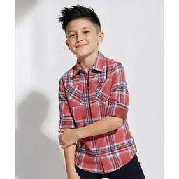 arias by lara dutta Arias 100% Cotton Woven Full Sleeves Checkered Shirt with Zipper Opening - Coral-picture-40