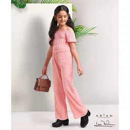 arias by lara dutta Arias Cotton Gauze Dobby Full Length Jumpsuit With Adjustable Sleeves - Peach-picture-17