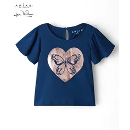 arias by lara dutta Arias Cotton Knit Half Flutter Sleeves T-Shirt with Butterfly Print - Navy Blue-picture-13