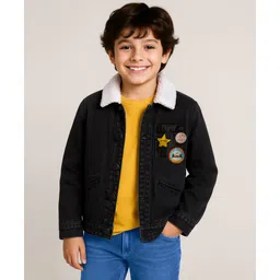 arias by lara dutta Arias Cotton Woven Full Sleeves Denim Jacket With Fur at Collar & Patch Detailing - Black-picture-36