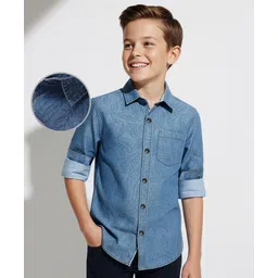 arias by lara dutta Arias Cotton Woven Full Sleeves Denim Shirt With Leaves Print - Blue-picture-21