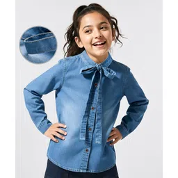 arias by lara dutta Arias Cotton Woven Full Sleeves Denim Washed Shirt with Bow Tie Up - Blue-picture-16