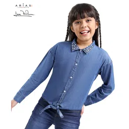 arias by lara dutta Arias Cotton Woven Full Sleeves  Knotted  Embellished Light Washed  Top - Blue-picture-17