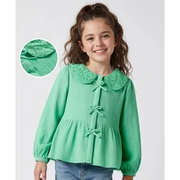 arias by lara dutta Arias Cotton Woven Full Sleeves Peter Pan Collar Top with Bow Applique & Lace Detailing - Light Green-picture-37