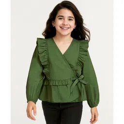 arias by lara dutta Arias Cotton Woven Full Sleeves Solid Color Peplum Top with Frill Detailing - Green-picture-23