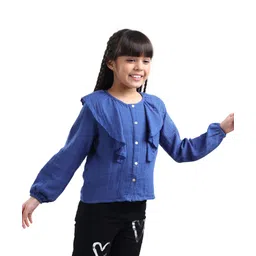 arias by lara dutta Arias Cotton Woven Full Sleeves Solid Colour Top with Frill Detailing - Navy Blue-picture-22