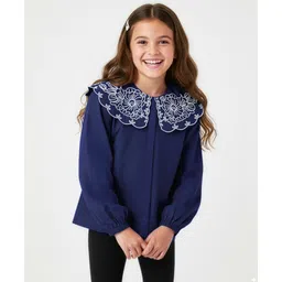 arias by lara dutta Arias Cotton Woven Full Sleeves Top With Floral Embroidery at Collar - Navy Blue-picture-35