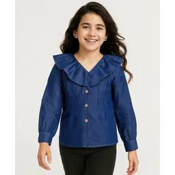 arias by lara dutta Arias Cotton Woven Full Sleeves Washed Denim Top With Ruffles - Blue-picture-14