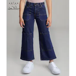 arias by lara dutta Arias Denim Woven Full Length Wide Leg Washed Jeans With Stretch & Patch Pockets - Blue-picture-28