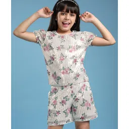 arias by lara dutta Arias Woven Half Sleeves Sequinned Top with Shorts Set Floral Print - Multicolour-picture-26