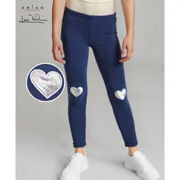arias by lara dutta Arias Cotton Knit Full Length Leggings with Stretch & Heart Embroidery - Navy Blue image 1