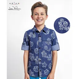 arias by lara dutta Arias Cotton Woven Full Sleeves Washed Denim Shirt with Beach Theme Print - Blue image 1