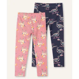 Ariel Cotton Knit Pack Of 2 Unicorn & Dinosaur Printed Leggings - Orange & Navy Blue-picture-20