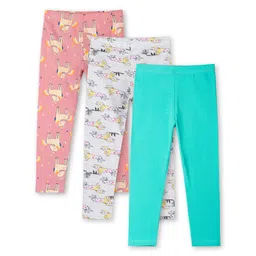 Ariel Cotton Knit Pack Of 3 Unicorn & Cats Printed Leggings - Orange Grey & Turquoise Blue-picture-21