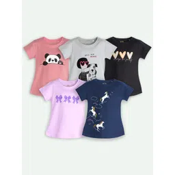 ariel Girls Pack of 5 Typography Printed Round Neck Pure Cotton T-shirts-picture-24