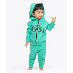Ariel Pure Cotton Knit Full Sleeves Little Boss Text Printed Light Winter Hooded Sweatjacket & Joggers Set - Green-picture-17